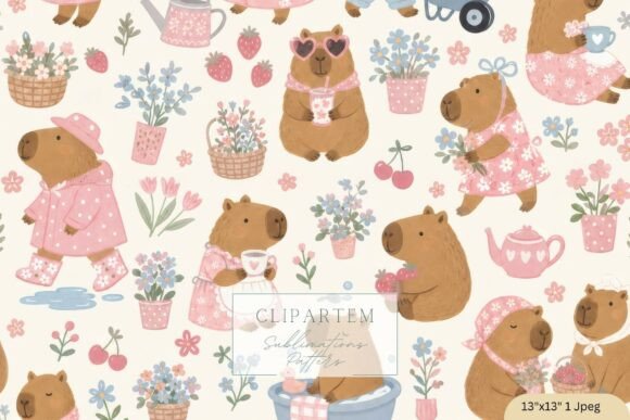 Download Cottagecore Capybara Seamless Pattern - Premium Resources